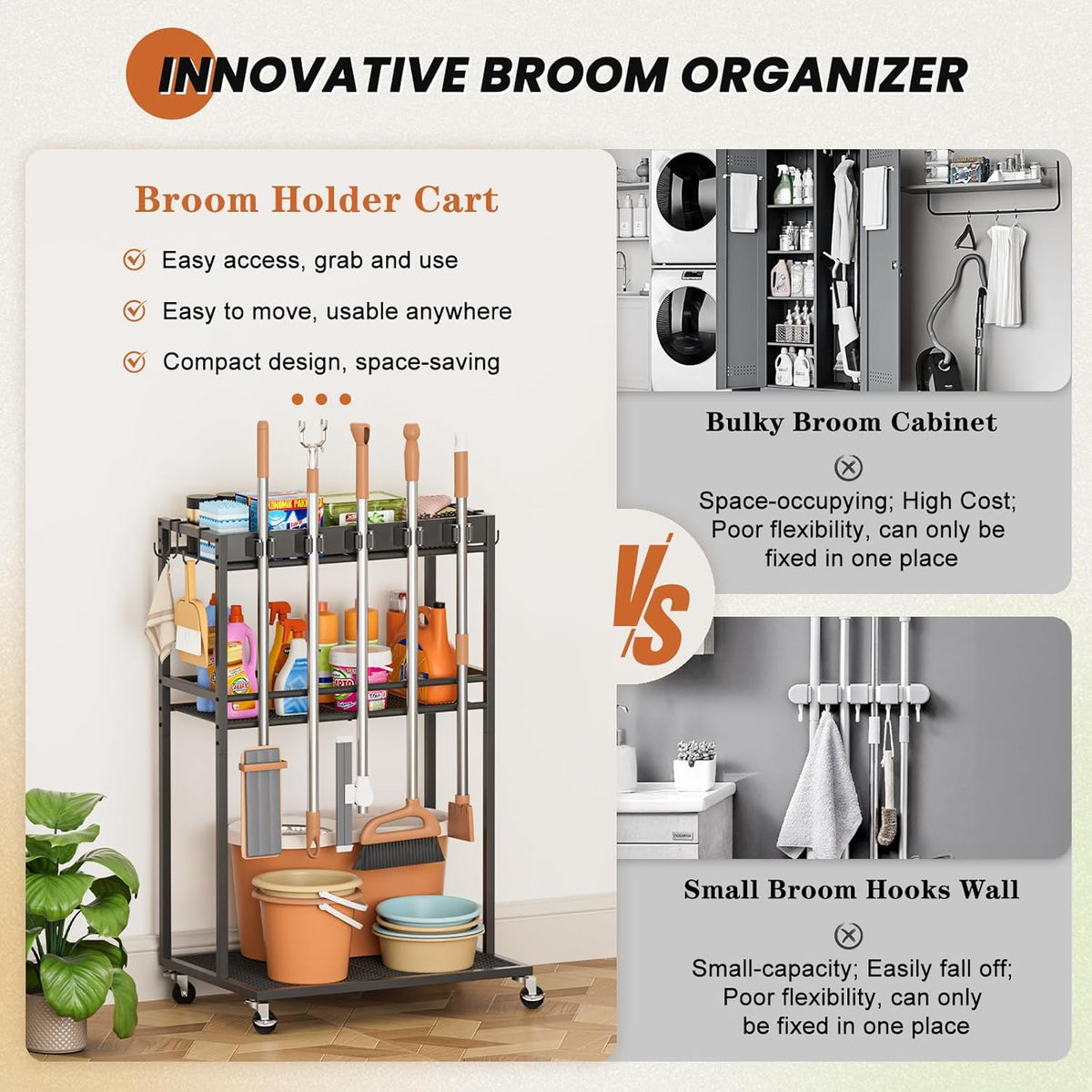 Broom Holder with Cleaning Supplies Organizer, Broom Closet Storage Cabinet with Mop Hanger Gripper Rack Hooks, Cleaning Housekeeping Janitorial Cart with Cleaning Caddy, Laundry Room Organization - Field & Nook