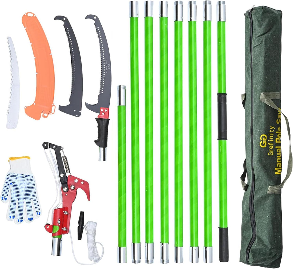 27FT Manual Pole Saw, Tree Branch Trimmer with 8-Section Fiberglass Handle, Sharp Steel Blade and Scissors, Lightweight Extendable Design for High Branch Trimming, Ideal for Palms and Shrubs