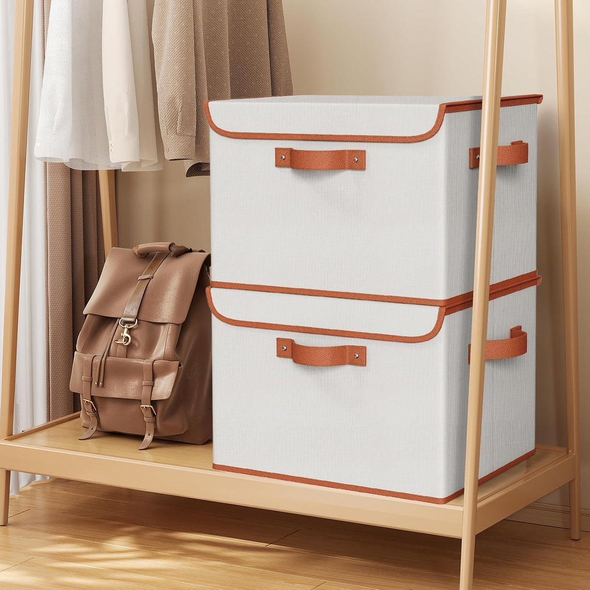 Univivi Fabric Storage Bins with Lid, Stackable Storage Box, Beige, 3 PCS | Heavy Duty, Large Capacity, Leather Handle, Oxford Fabric, Sturdy PP Board, Storage Bins for Bedroom, Closet, Nursery, Office - Field & Nook