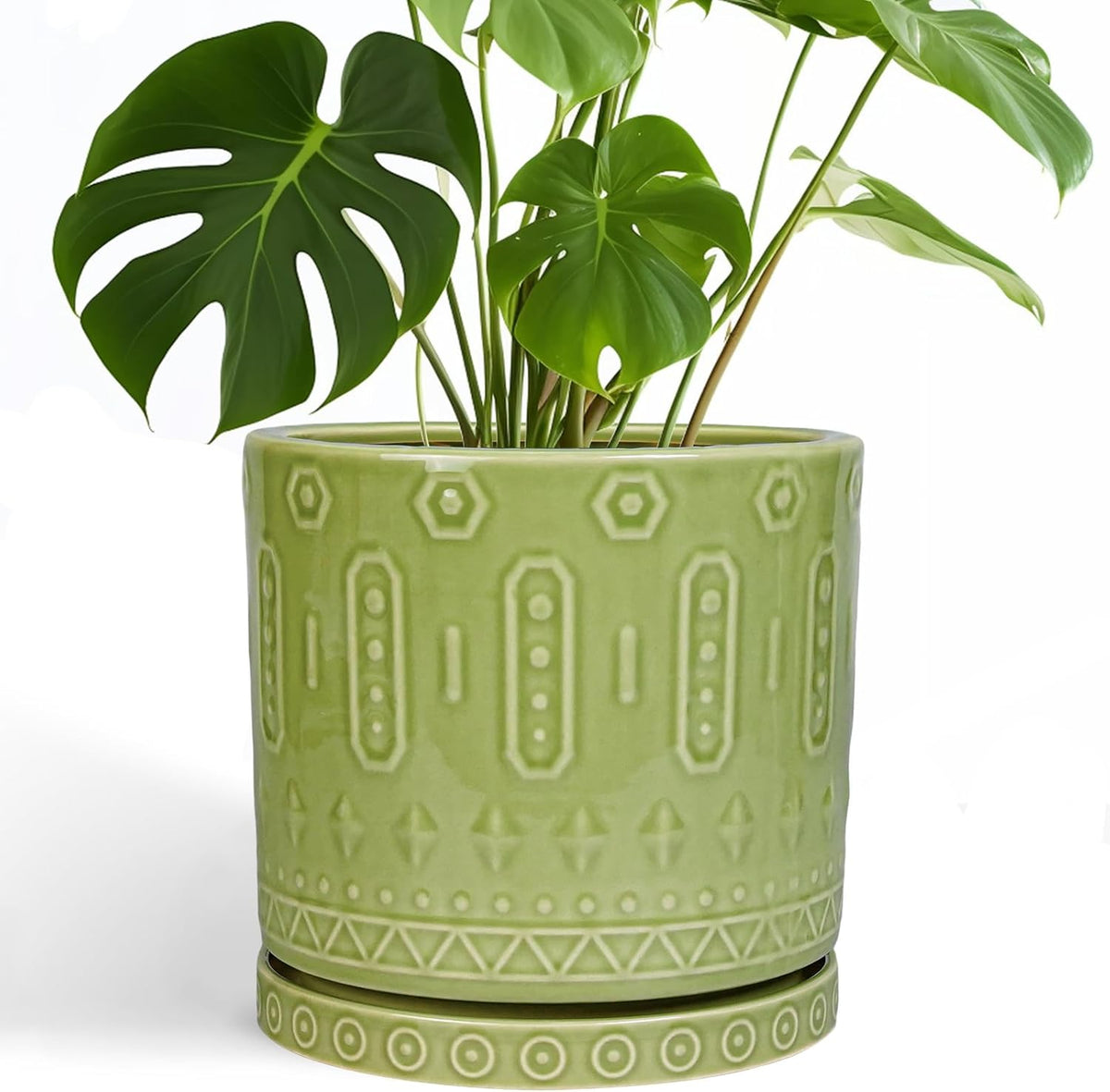 Ceramic Pot for Plants - 10 Inch Indoor Plant Pots with Drainage Holes and Saucer, Boho Round Planter Outdoor, Decorative Large Planter for Flower, Living Room Decor, Garden Gifts, Green