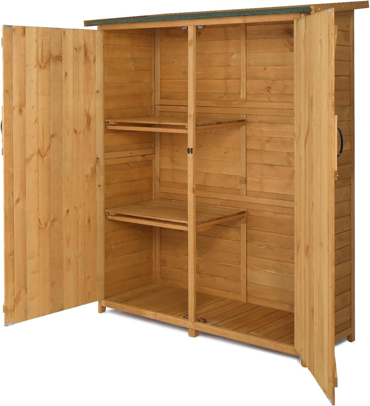 Outvita Outdoor Storage Cabinet with Waterproof Roof, Double Lockable Doors Garden Shed with 2 Removable Shelves, Wooden Storage Shed with Large Storage Space for Yard Garge Patio Deck Porch(Natural)