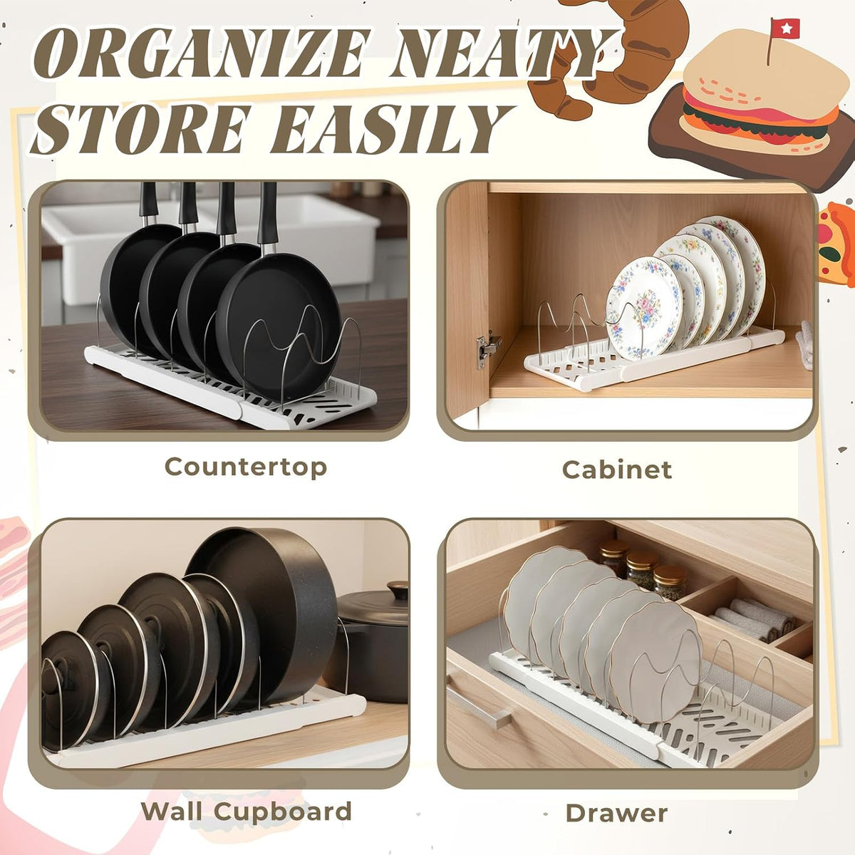 2 Pcs Expandable Pot and Pan Organizer, 7 Dividers