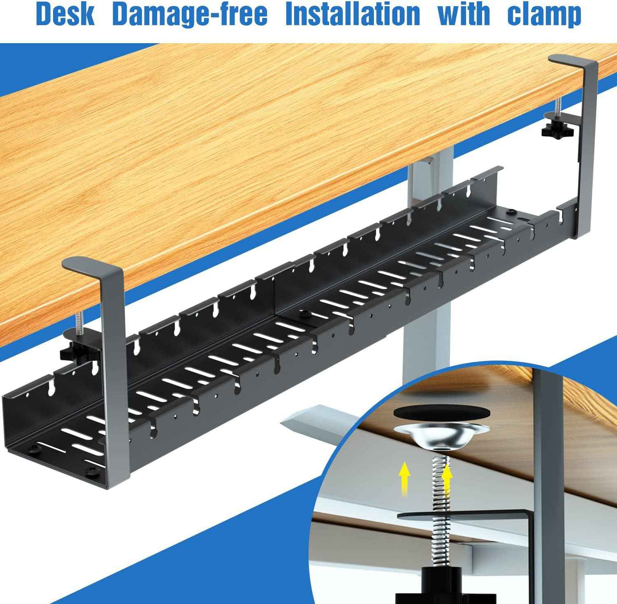 31-Inch Extendable Under-Desk Cable Tray – No-Drill Clamp-On Metal Cord Organizer, Black