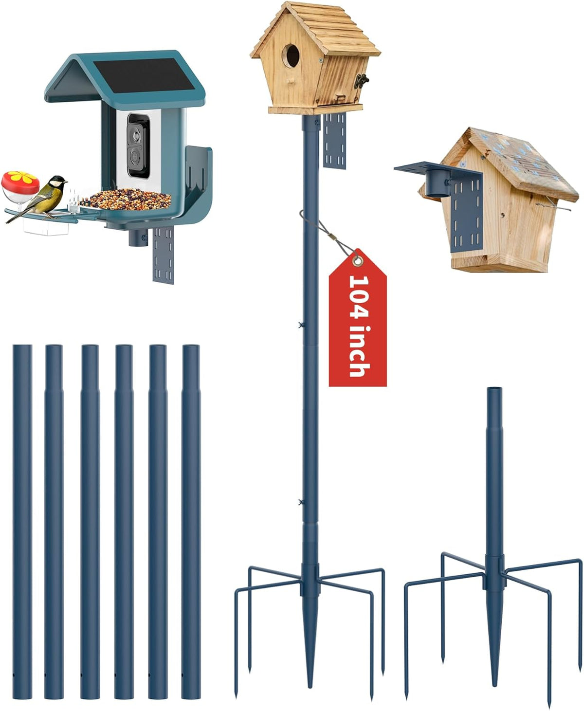 Bird Feeder Pole Stand – 104 Inch Height Feeding Station with 1-Inch Dia Heavy Duty for Hanging Feeders, Bird House Pole Mount Kit for Outdoor, Slip-Fit Connection,Blue