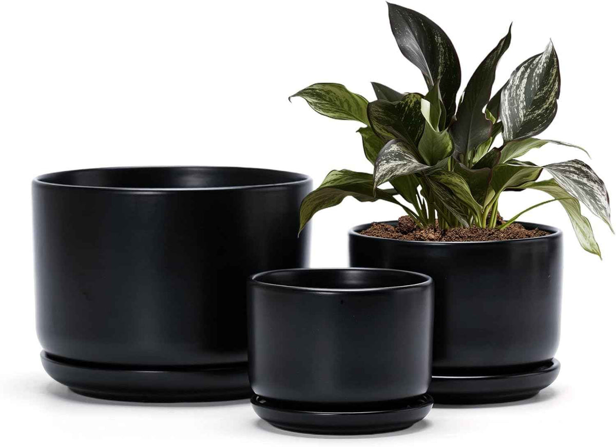Ton Sin Plant Pots, 4.1+5.1+6.5 inch, Set of 3, Ceramic Planters with Drainage Hole and Saucer, Indoor Flower Pot with Hole Mesh Pad, Gifts for Mom(Matte Black)