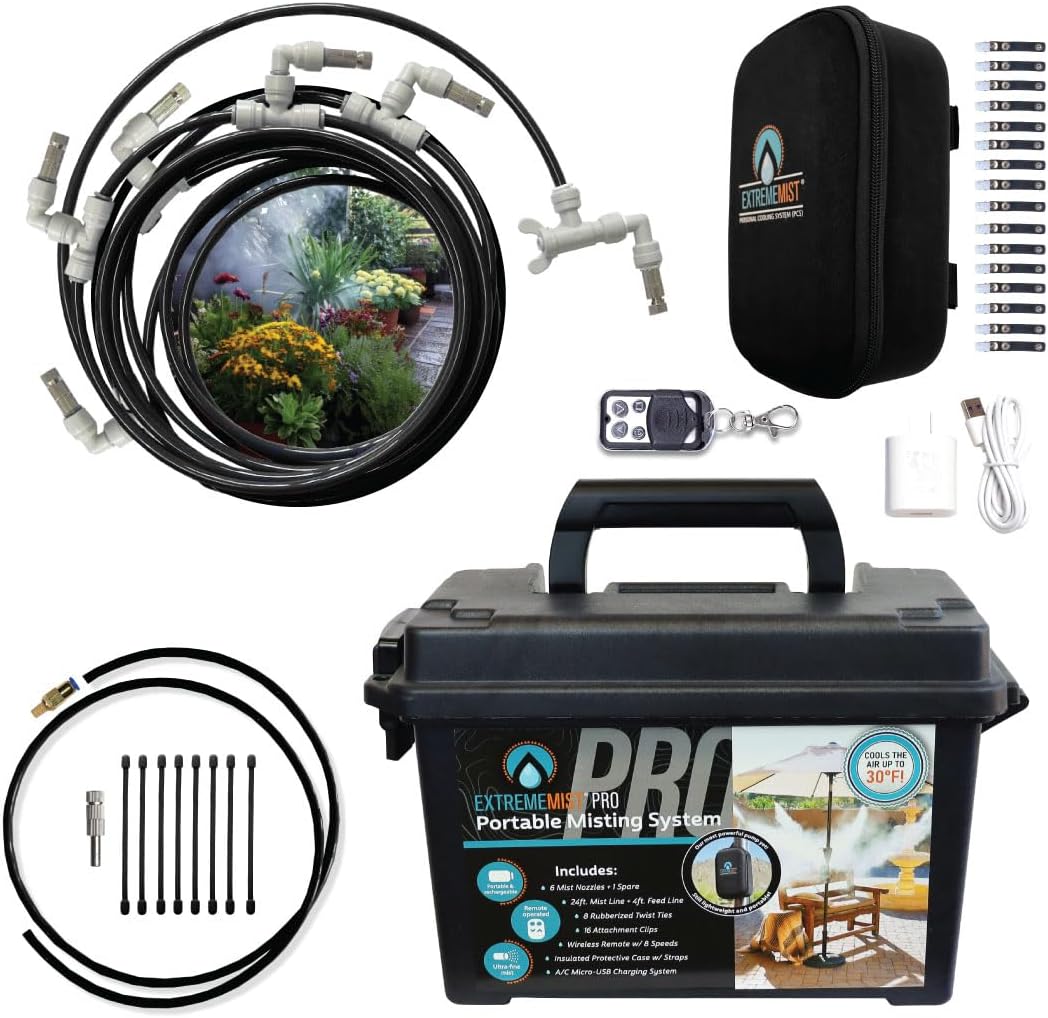 Professional Grade Portable Misting System Pro Kit - 6 Mist Nozzles & Pro Pump | Easy to Setup | 24 ft. Mist Line for Outdoor Canopy, Balconies, Greenhouses, Picnic's - Cools The air up to 30Β°F