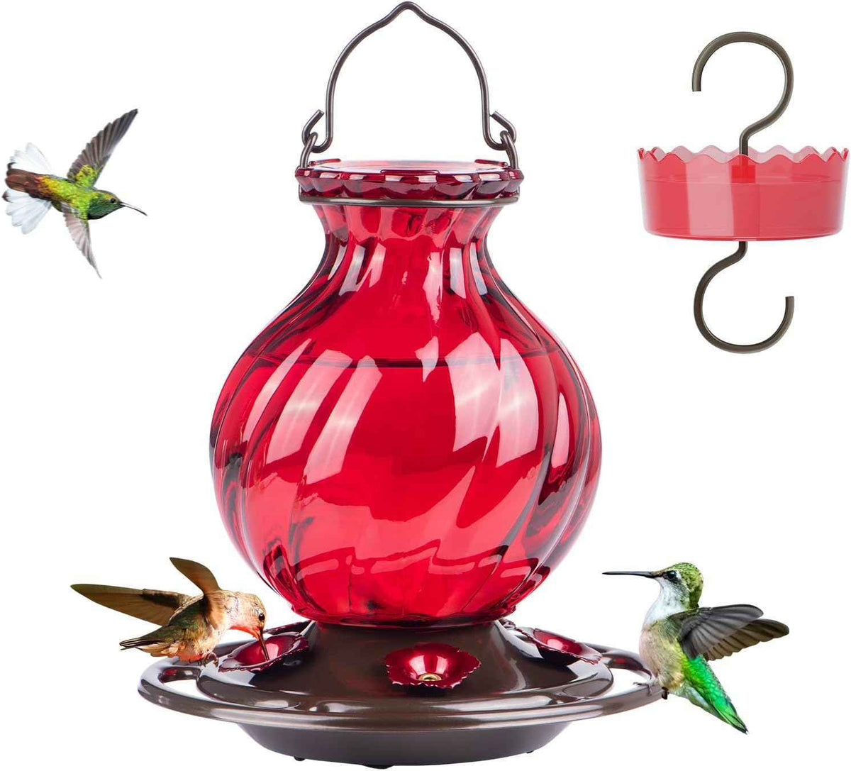 Hummingbird Feeder, Auslar 26 Ounces Glass Hummingbird Feeders for Outdoors Hanging Ant and Bee Proof, Ant Moat & 5 Flower Feeding Ports, Rustproof, Leakproof, Netted Flower Bud Shape Bottle, Red