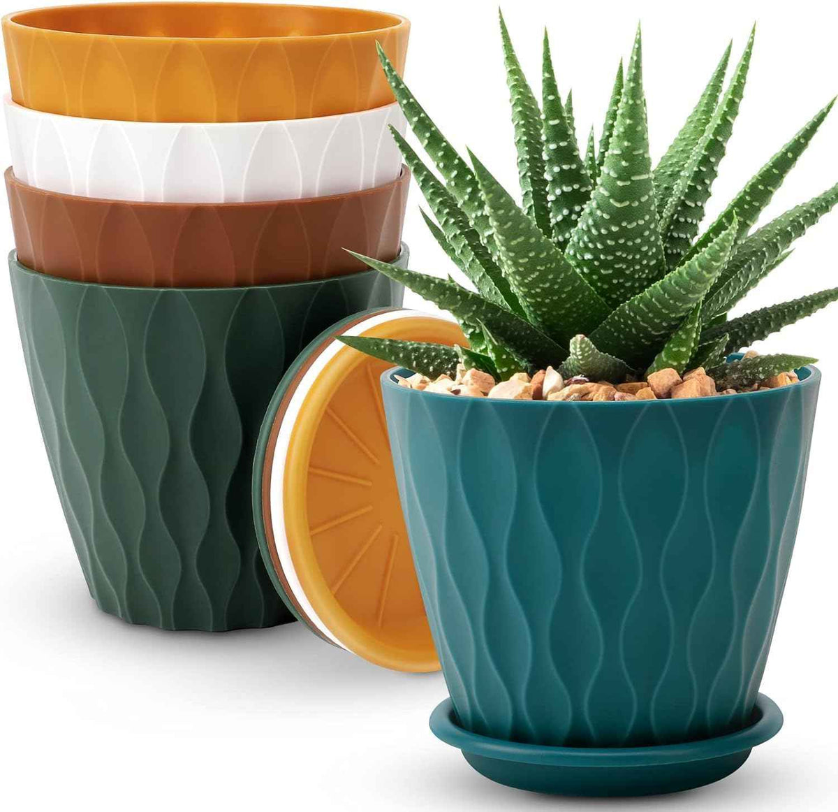 6 inch Plant Pots, 5 Pack Flower Pots Outdoor Indoor, Planters with Drainage Holes and Tray Saucers(Multicolor)