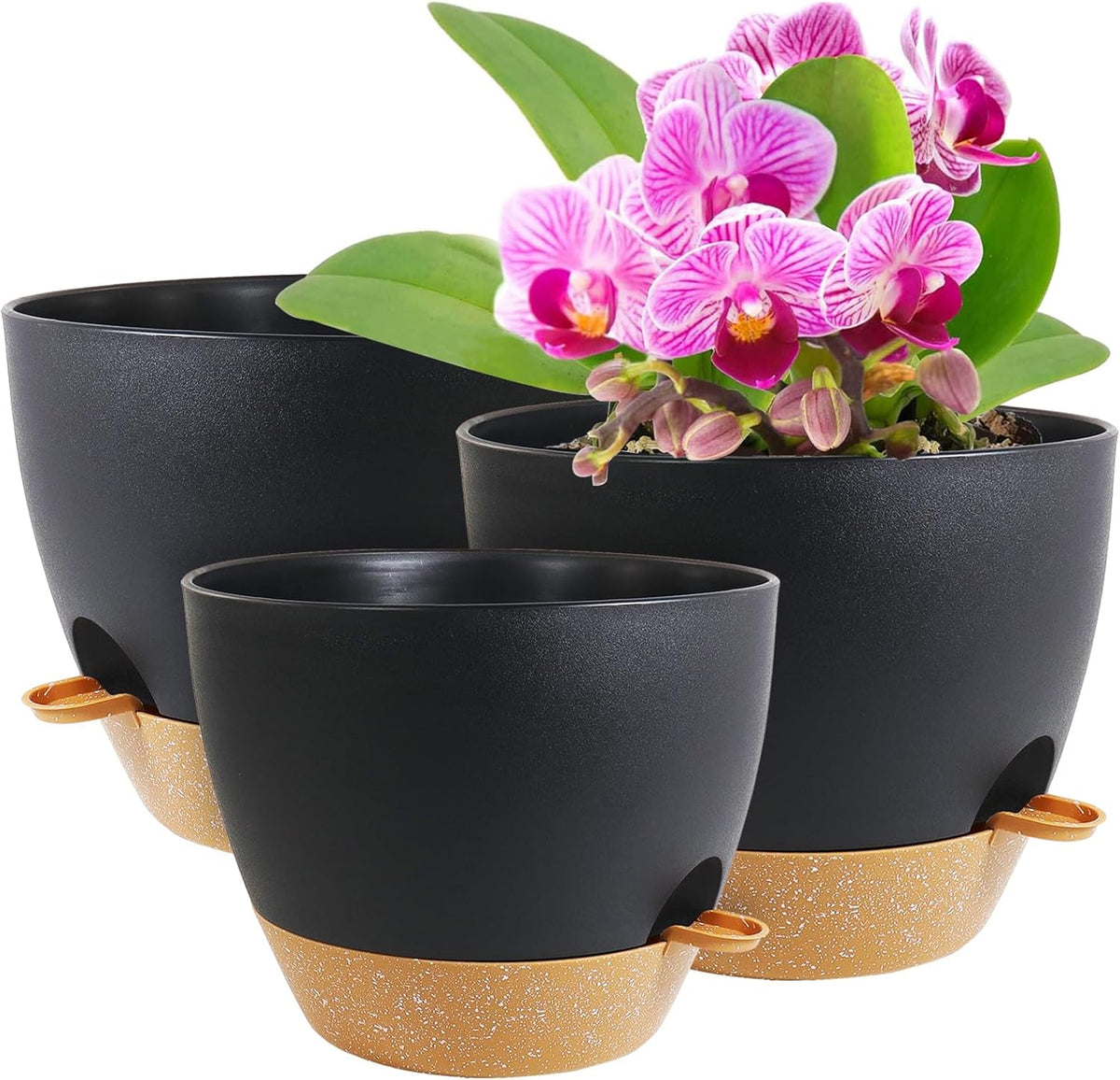 12/10/9 inch Large Self Watering Pots, Planter, Plant Pots with Mesh Drainage Holes for Indoor Outdoor Garden Plants, Plastic Flower Pots with Removable Deep Reservoir, Black with Brown