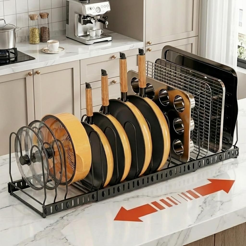 Expandable Pot and Pan Organizer Rack, 12 Compartments