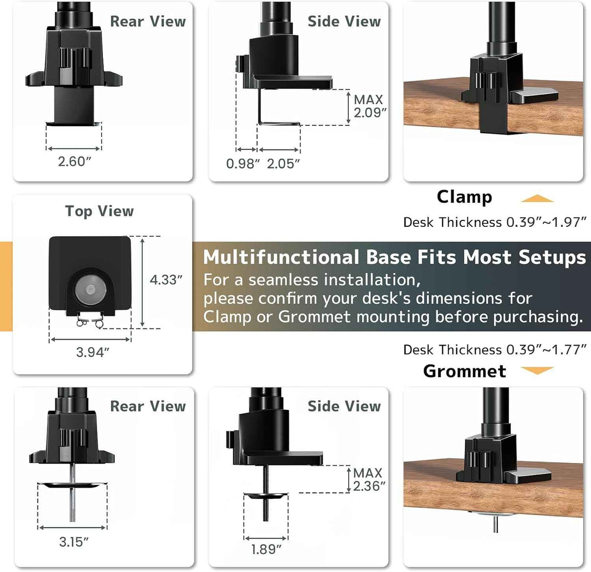 24-57'' Ultrawide Monitor Desk Mount, Aluminum Heavy Duty Monitor Arm | Low Profile, Topside Clamp/Grommet Mounting, Tilt, Swivel, Rotate, Holds up to 59.4lbs, VESA 75x75/100x100 mm, Black