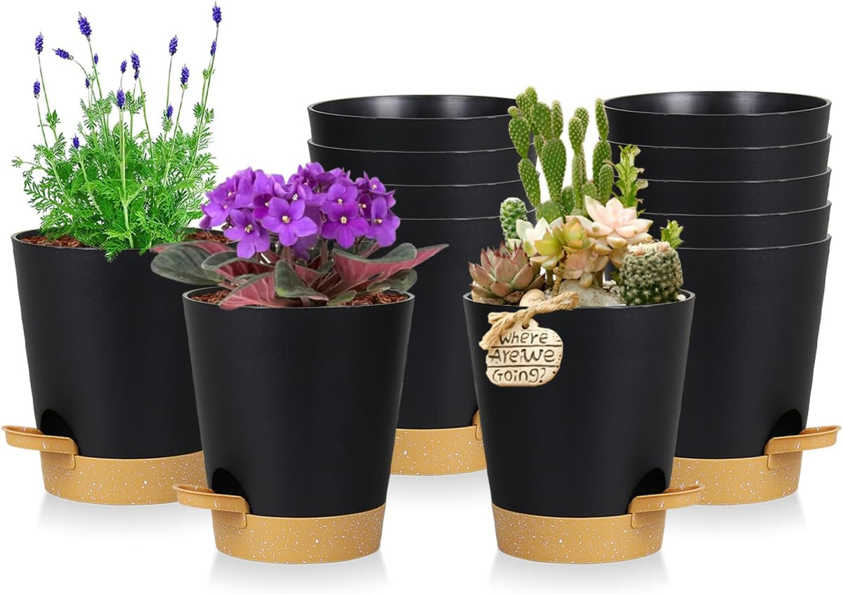 12 Pack 4 Inch Self Watering Plant Pots with Drainage and Saucers,Plastic Flower Pots for Indoor and Outdoor Plants, Nursery Planters for Houseplants and Herbs Black Brown, 4 inch 12pcs