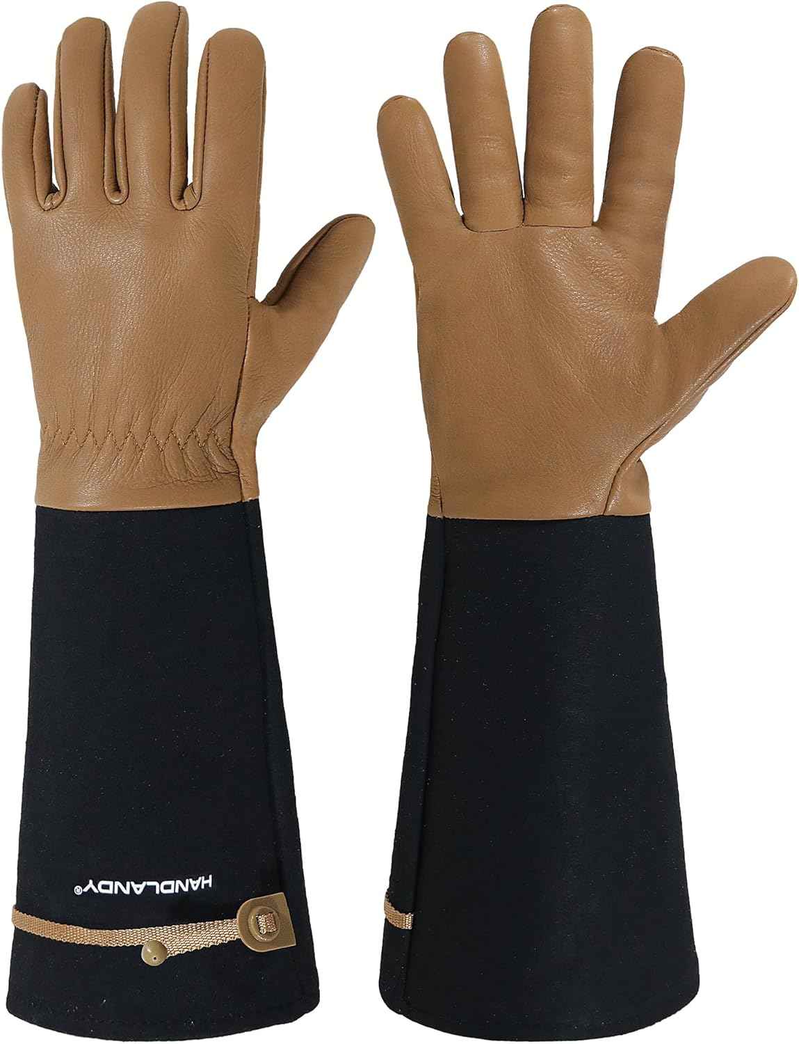 HANDLANDY Long Gardening Gloves for Men & Women, Cowhide Leather Rose Pruning Gloves, Breathable Thorn Proof Gauntlet Glove (Brown-Cowhide, S)