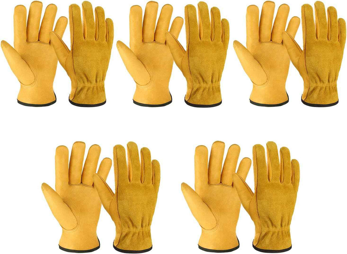 OZERO Leather Work Gloves Flex Grip Tough Cowhide Gardening Glove for Men and Women (Gold (5 Pairs), X-Large)