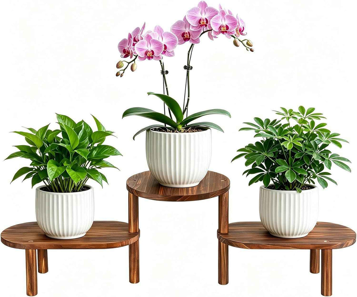 3 Tier Corner Plant Stand Indoor - Adjustable Wood Convex Flower Stand for Small Spaces, Heavy Duty Long Plant Shelf for Living Room Balcony Hallway