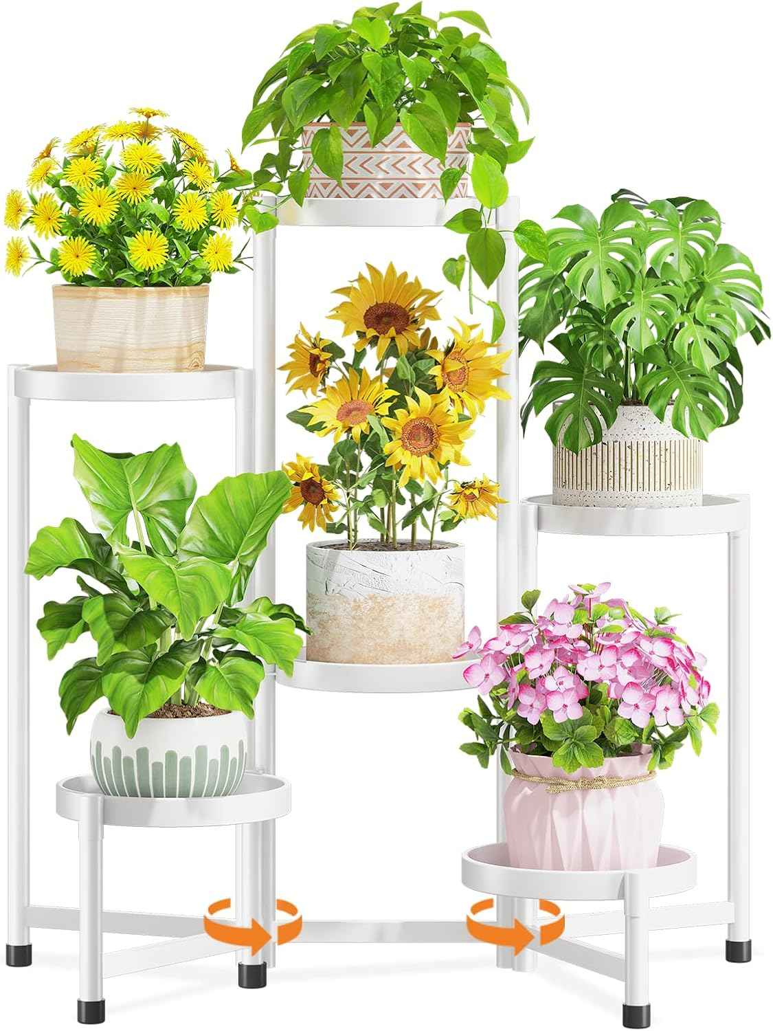 LASZOLA 6 Tiered Folding Plant Stand Indoor for Multiple Large Planter, Tall Heavy Duty Adjustable Rack with Rust Proof 10 Inch Wide Tray, Sturdy Vertical Tree Organizer for Narrow Inside Floor, White