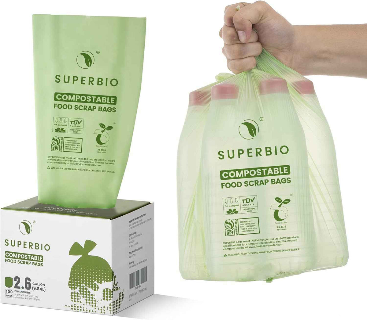 SUPERBIO 2.6 Gallon Compostable Food Waste Bags, 100 Count, 1 Pack, Flat Top Food Scrap Bags, ASTM D6400,Certified by BPI and OK compost INDUSTRIAL,9.84L