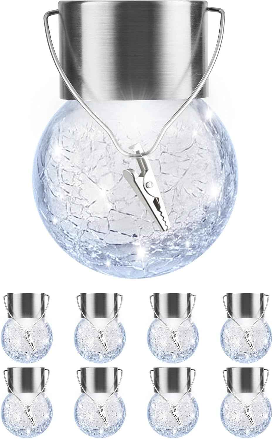 Solar Lights Outdoor Hanging Decorative Globe 8 Pack, Waterproof Solar Lantern with Handle and Clip, Solar Powered Glass Ball Lights for Garden Yard Fence Tree Umbrella Holiday Décor, Cold White