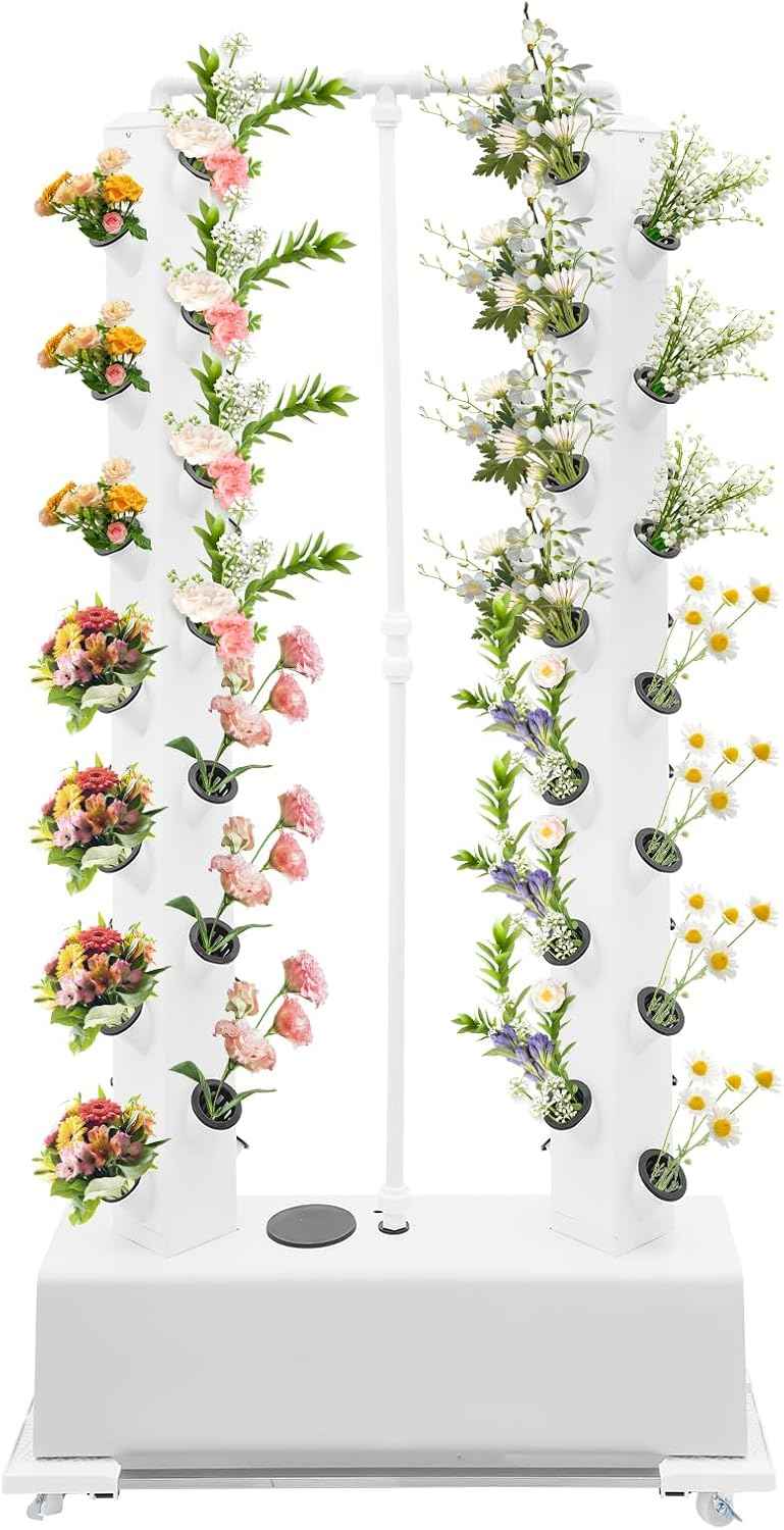 56-Pod Hydroponic Growing Tower, 7.9Gal Vertical Garden Kit with Timer, Hydroponic Growing Kit with Adjustable Water Pump & Wheels - Indoor/Outdoor Herb Vegetable Planter