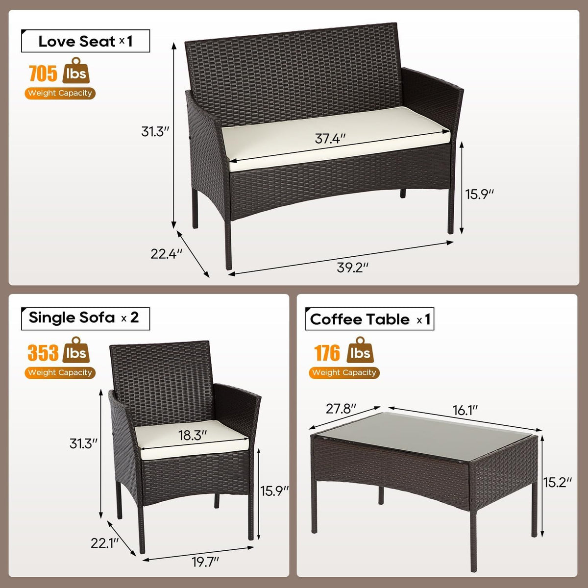 FDW | 4-Piece Patio Furniture Set | Brown | Outdoor Wicker Furniture
