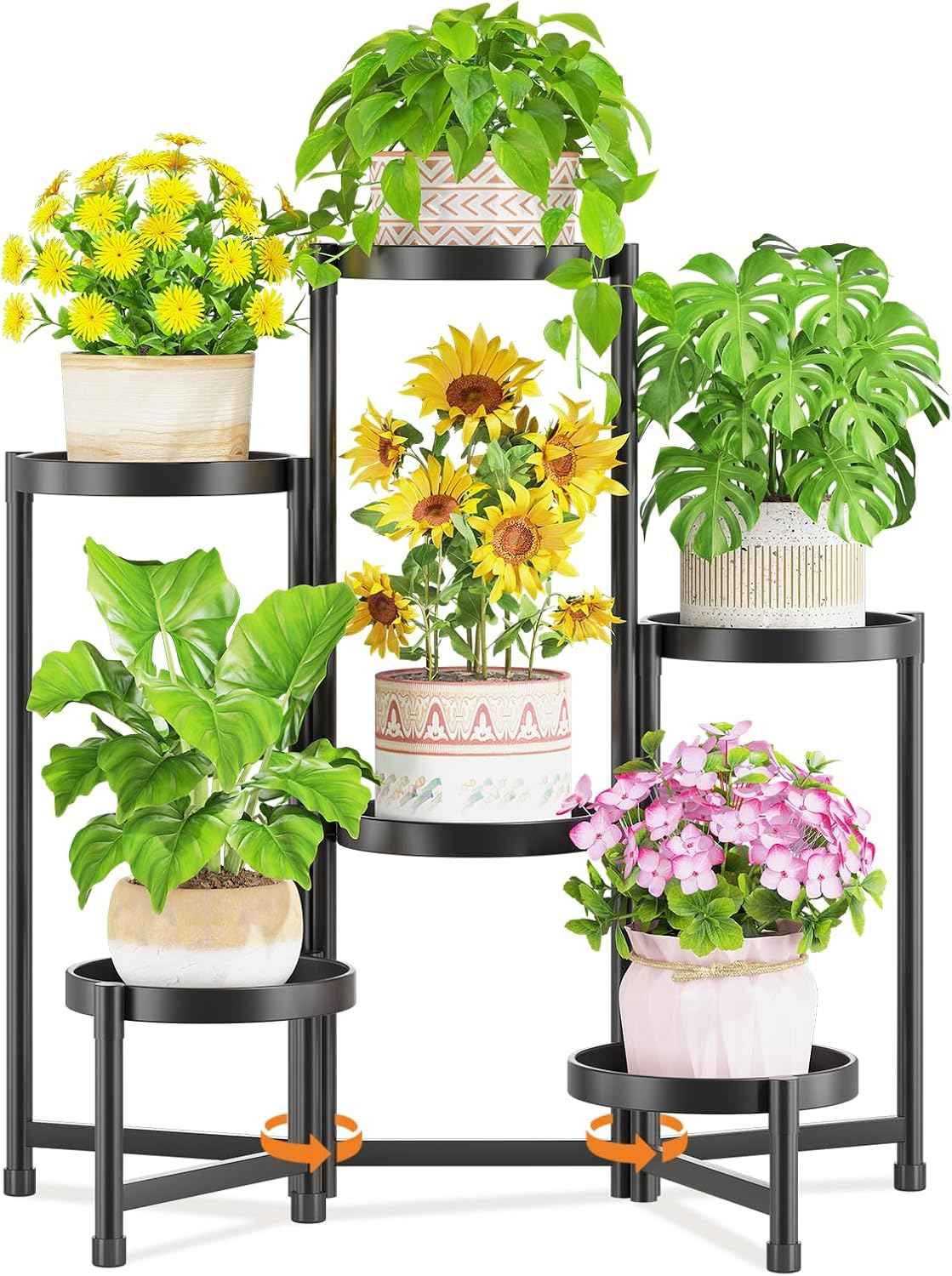 LASZOLA 6 Tiered Folding Plant Stand Indoor for Multiple Large Planter, Tall Heavy Duty Adjustable Rack with Rust Proof 10 Inch Wide Tray, Sturdy Vertical Tree Organizer for Narrow Inside Floor, Black
