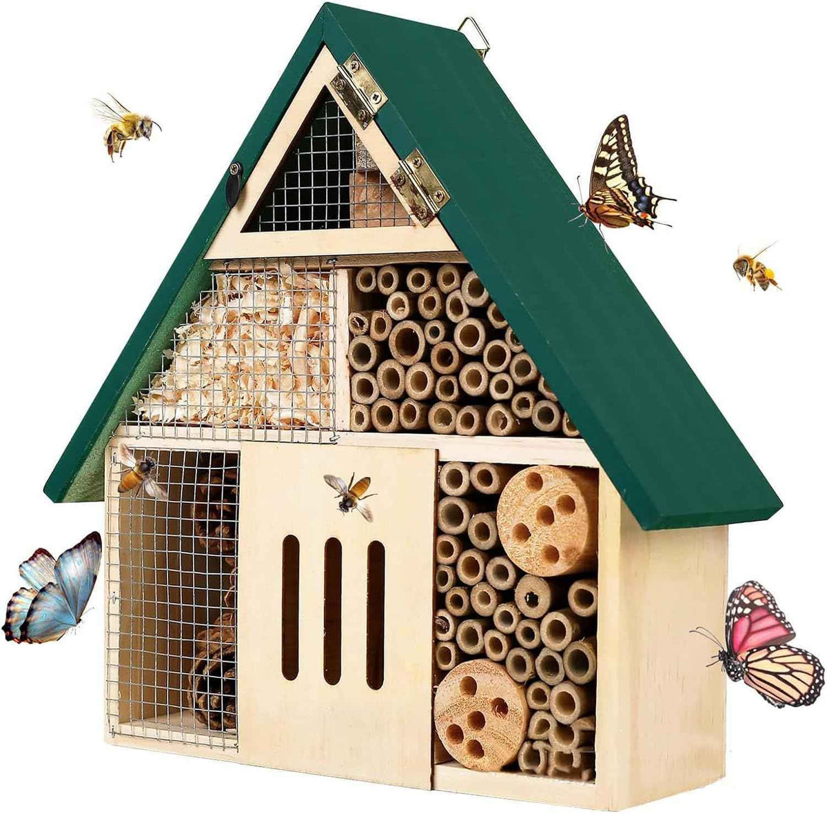 Bee House Hanging Insect Hotel – Natural Wooden Bee Hotel for Outdoors, DIY Insect Shelter for Garden, Yard, or Balcony – Attracts Pollinators Like Bees, Butterflies & Ladybugs