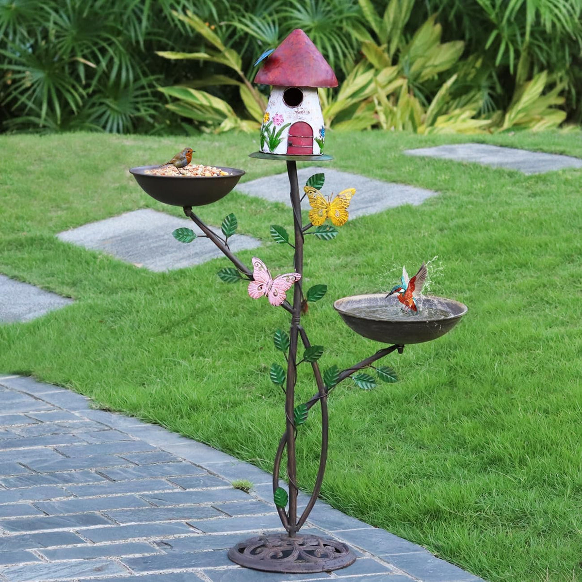 Metal Bird Houses for Outside with Pole, Multi-Bird Baths for Outdoors | Metal Bird House with Bird Feeder and Bird Bath,Outdoor Garden Lawn Decor,Cast Iron Base