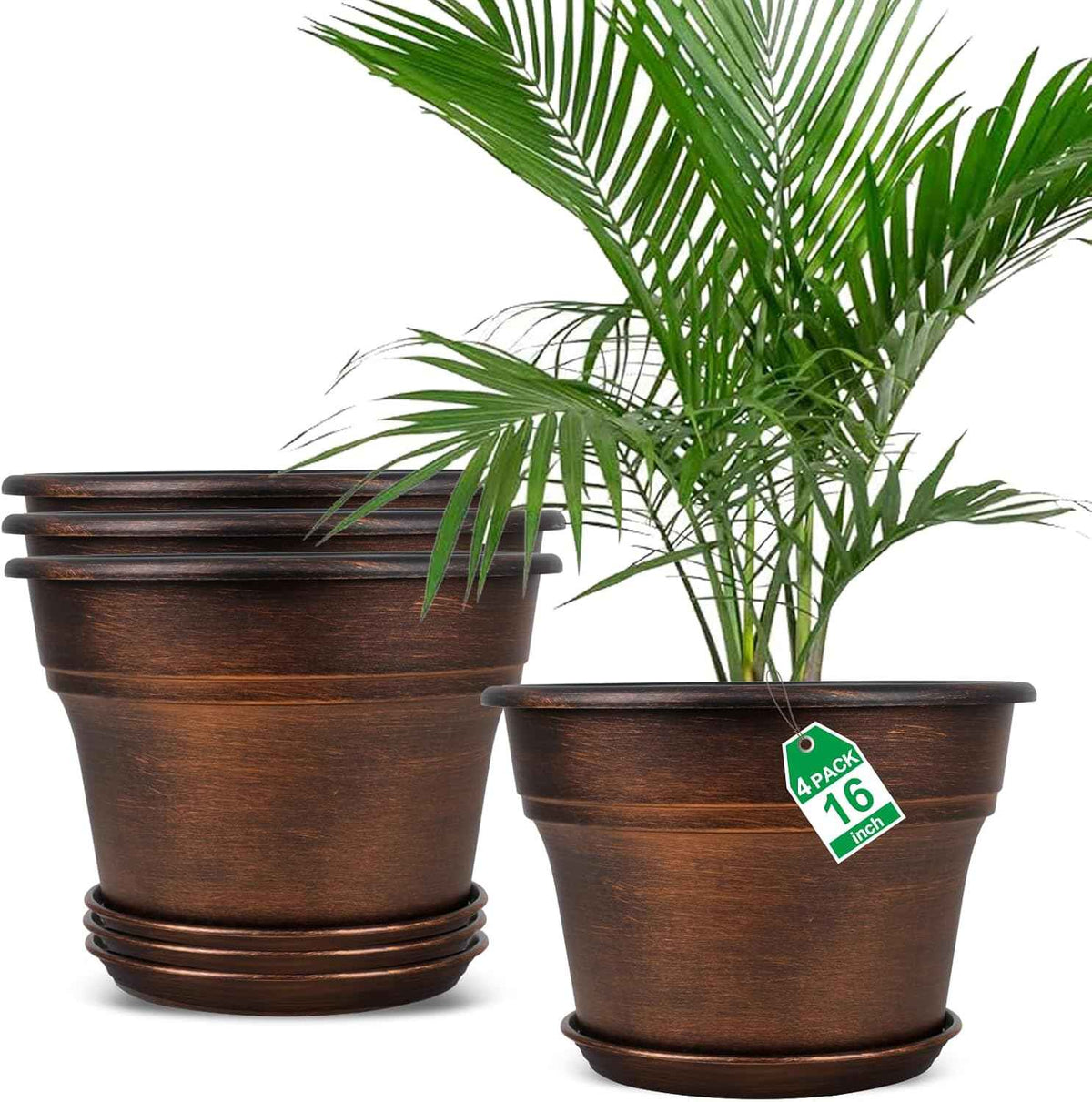 Plant Planters Pots Set of 4 Pack 16 Inch,Large Plastic Flower Pot for Indoor Plants with Drainage Holes & Trays, Resin Decorative Container Sets with Saucer for House Outdoor Garden Plant Copper