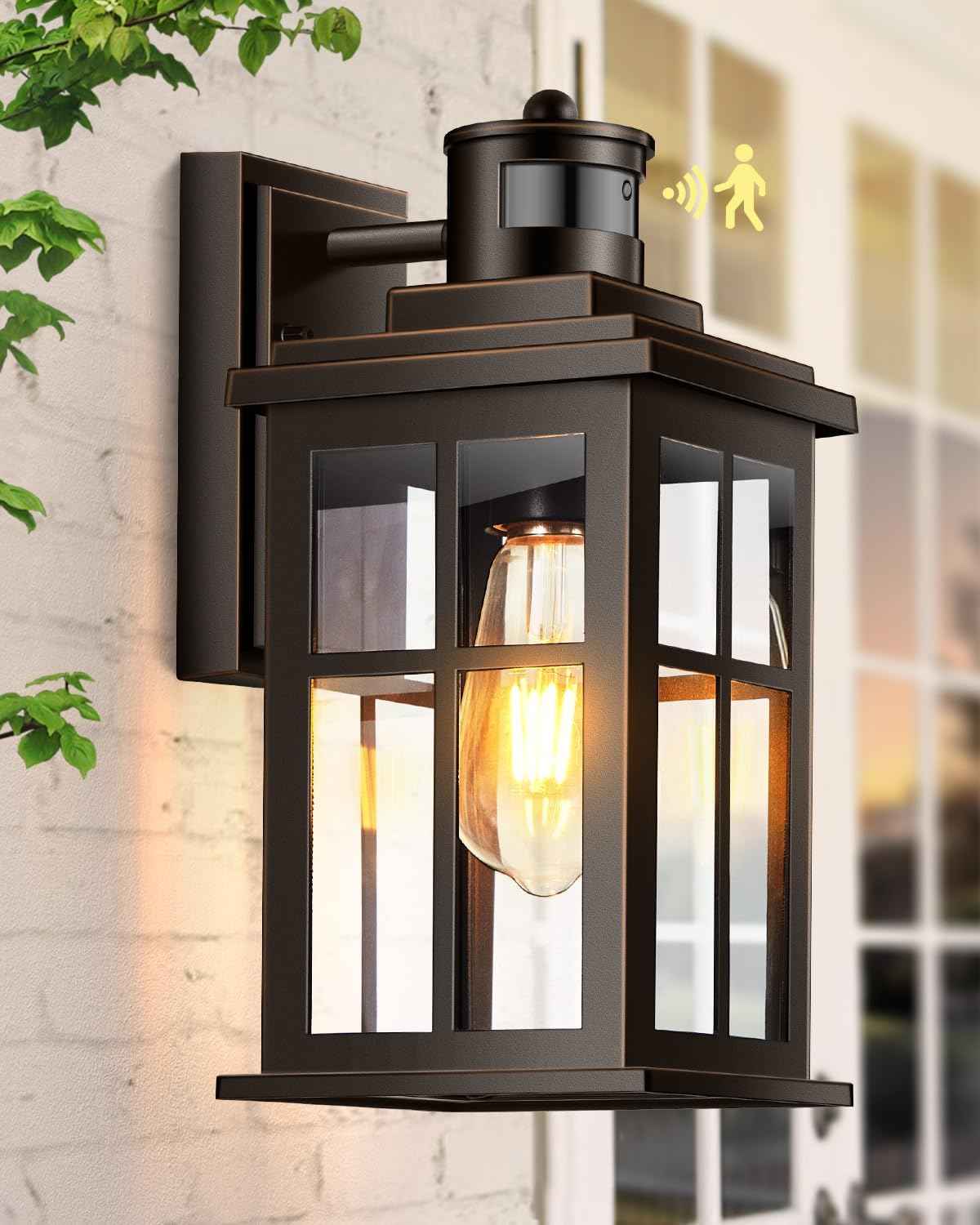 Distance-Adjustable Motion Sensor Outdoor Lights, Oil Rubbed Bronze Wall Mounting Porch Light, Waterproof Dusk to Dawn Exterior Lighting Fixtures Sconce, Anti-Rust Outdoor Lanterns for Porch