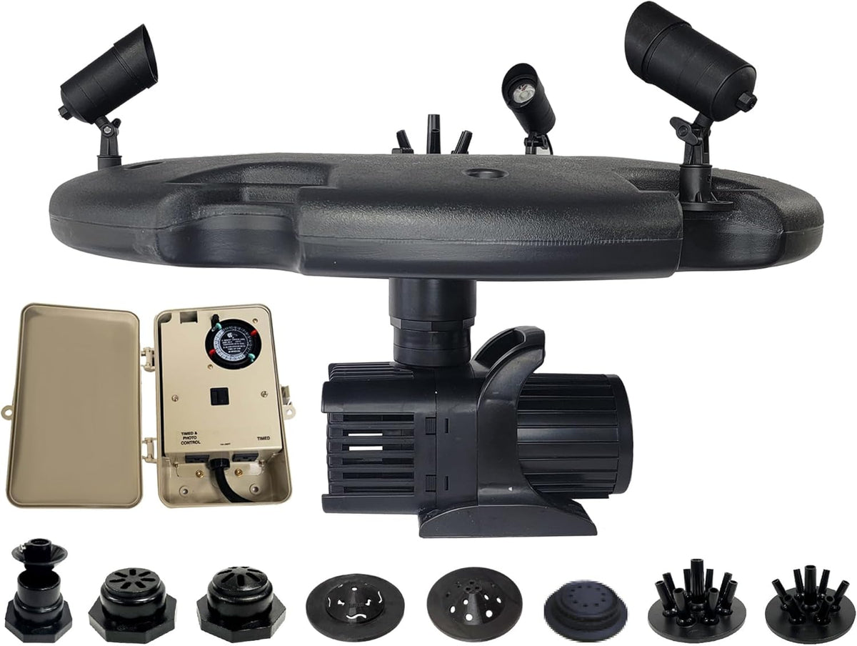 HALF OFF PONDS Floating Fountain – 1.75 HP Pond Aerator, 200' Cord – 14,800 GPH Water Pump – 11 Spray Patterns - Color-Changing LED Lights & Control Box - for Large Ponds, Lakes & Water Gardens