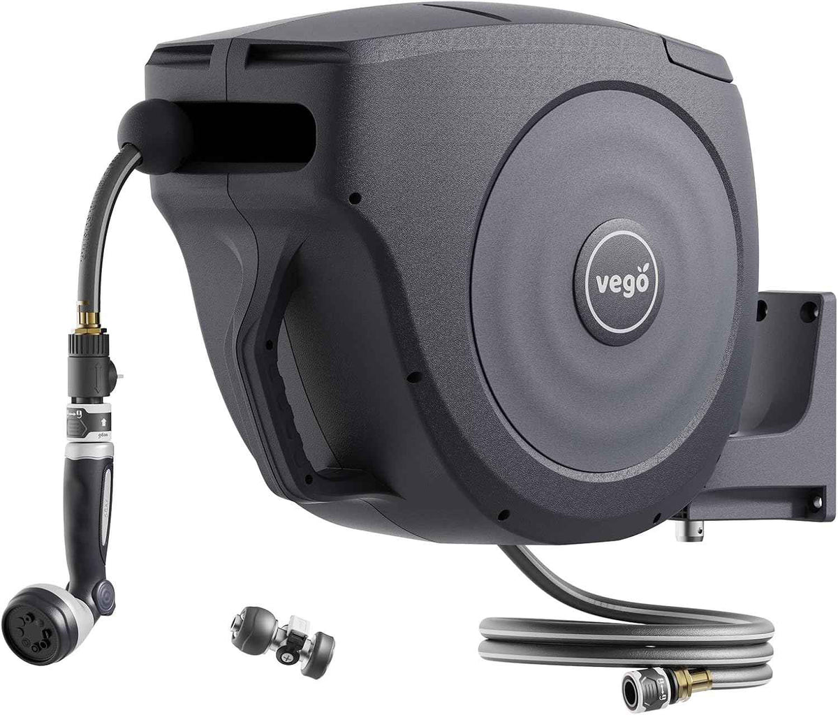 Vego Garden Hose Reel Retractable Hi-Flow x 100ft Wall Mounted Hose Reel Automatic Rewind, Any Length Lock with 9 Patterns Sprayer Nozzle, Quick Connector and Adjustable shot Nozzle-Tidepool Blue