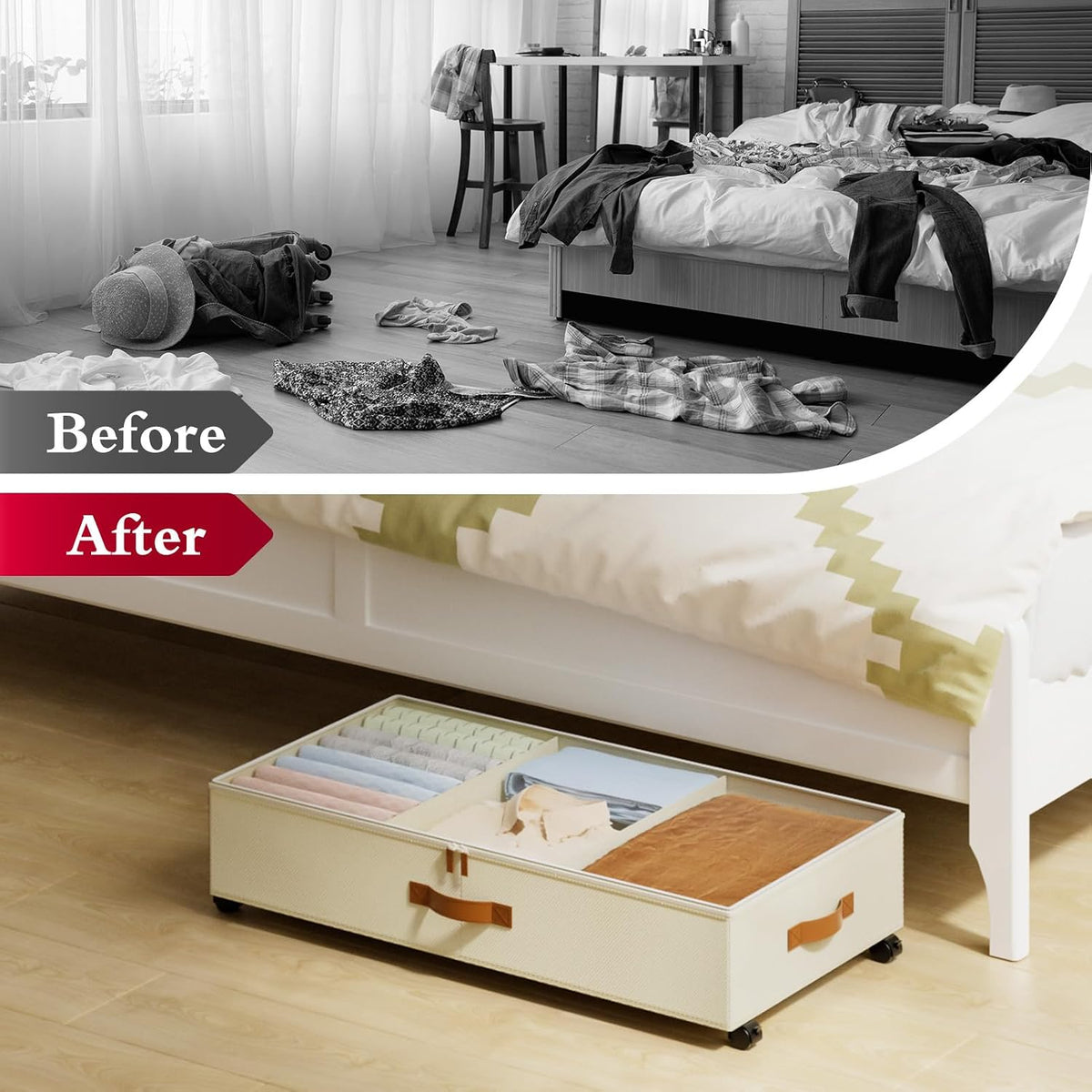 Yecaye Under Bed Storage with Wheels, 4 Pack Under Bed Storage Containers with Adjustable Dividers & Clear Window, Rolling Underbed Organizer Bins Drawers for Clothes, Shoes, Blankets, Beige - Field & Nook