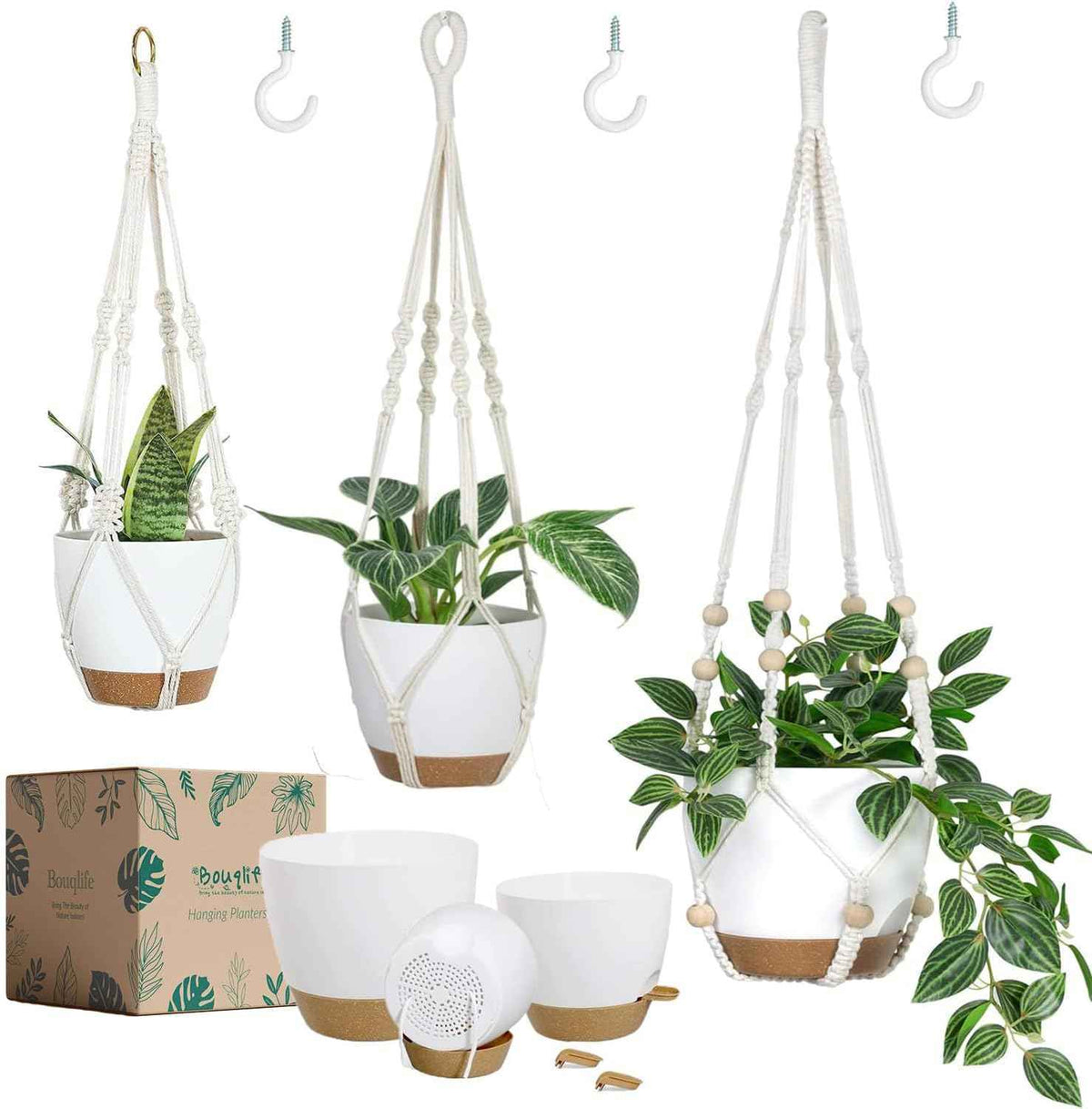 Bouqlife 3 Sets Hanging Planters for Indoor Plants with Self-Watering Hanging Pots and Macrame Plant Hangers, Outdoor Hanging Flower Pots with Drainage 3 Different Size for Home Patio Boho Decor