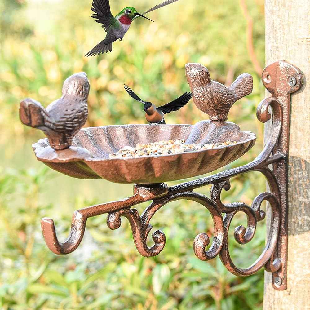 Sungmor Cast Iron Birdfeeder, Heavy Duty Sturdy Wall Bird Feeder, Deck Mounted Small Bird Bath, Decorative Planter Hanger, Outdoor Garden Wall Hook for Hanging Plant Pot, Basket, Lantern, Wind Chime
