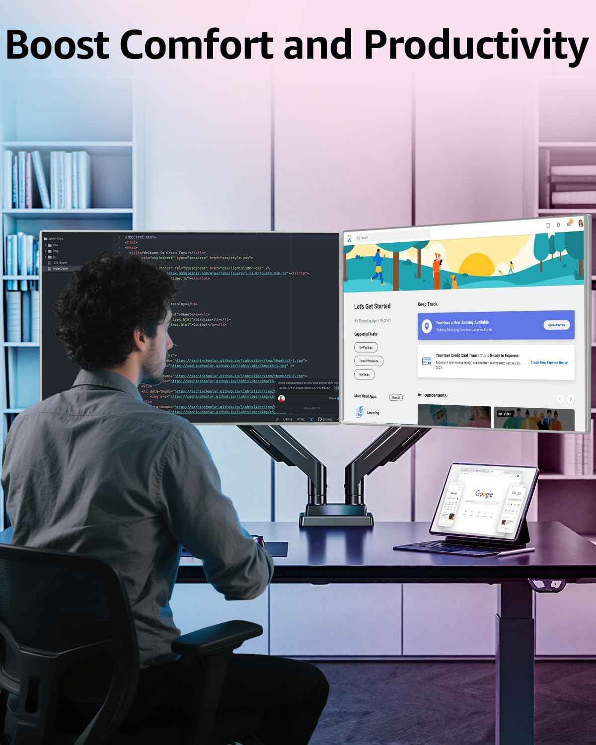 MOUNTUP Dual Monitor Stand for Max 43 inch Screens, Ultrawide Monitor Arm Height Adjustable, Heavy Duty Dual Monitor Mount, Full Motion Premium Monitors Arm, Holds 2.2 to 33 lbs, VESA Desk Mount