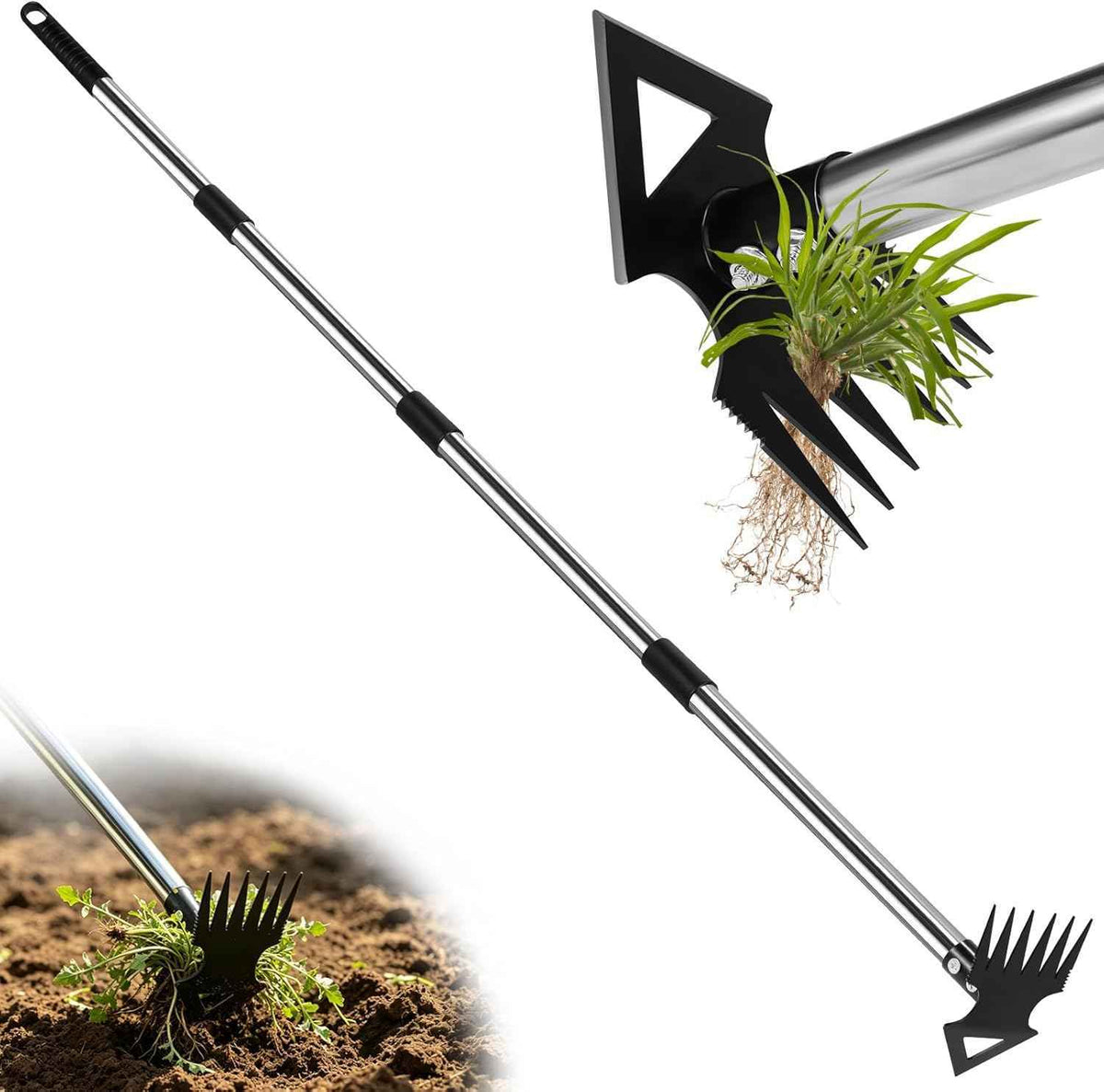 Upgraded Weed Puller Tool with Long Handle, 56" Manual Weeder Remover Tool, 2 in 1 Hand Weed Rake Garden Hoe for Gardening, Heavy Duty Uprooting Weeding Pull for Lawn, Yard, Patio Garden