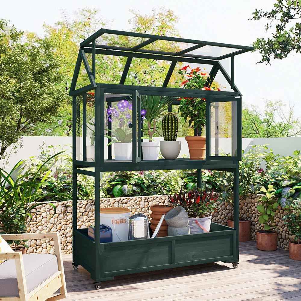 Garden Wood Portable Cold Frame with Movable Wheels Mini Greenhouse with Openable Roof and Storage Box (Green)