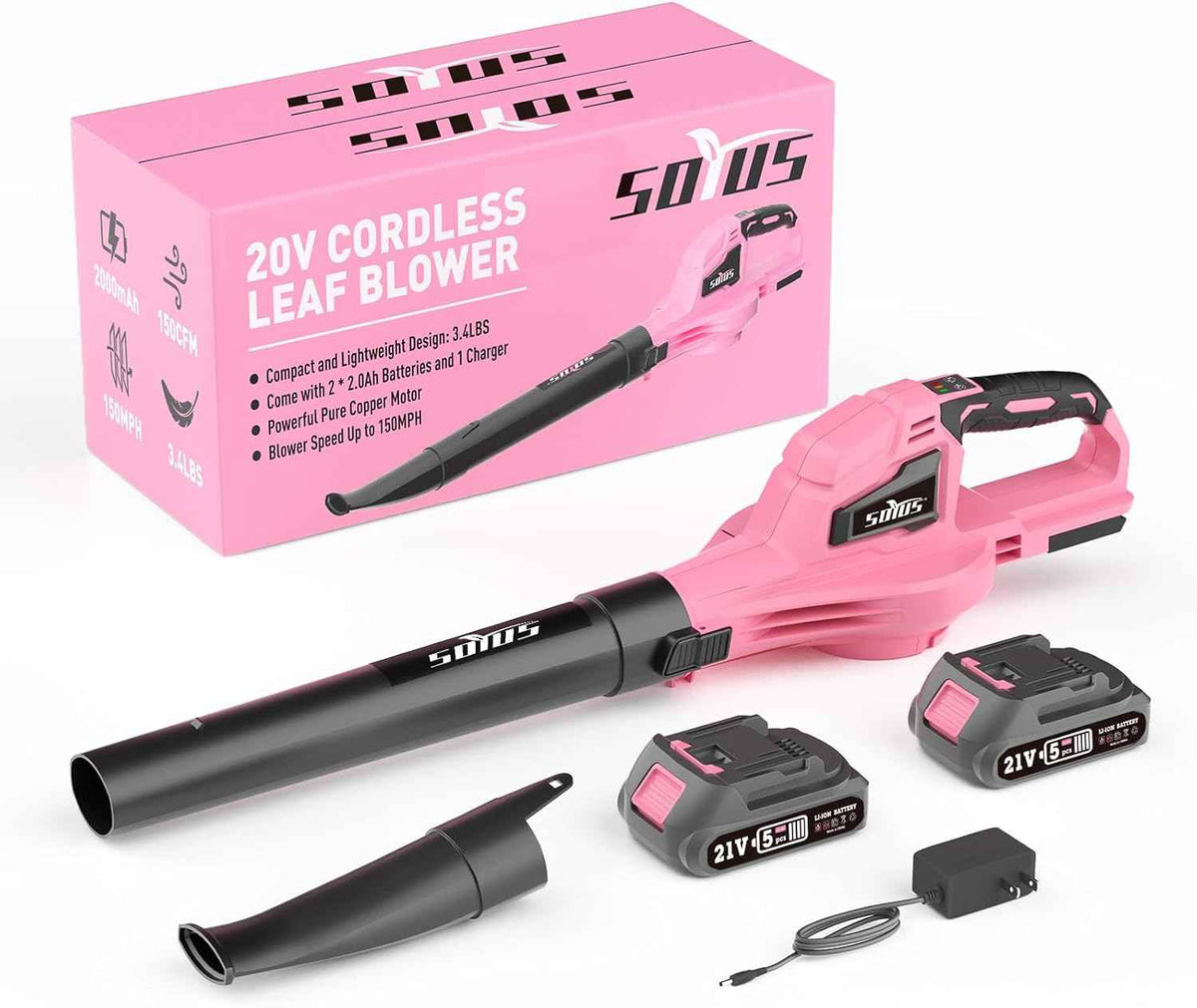 SOYUS Leaf Blower, 20V Leaf Blower Cordless with 2x2.0Ah Battery and Charger, 150 MPH Electric Leaf Blowers with Two-Speed Mode, Blowers for Lawn Care, Debris Dust Cleaning(Pink)