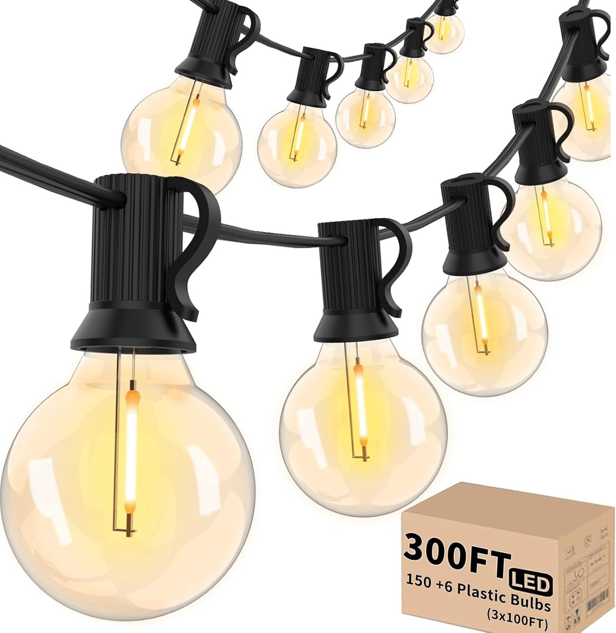 Svater Outdoor String Lights 300 FT, Patio Lights Outside with 156 G40 Shatterproof LED Bulbs, Waterproof Hanging Globe Lighting for Bistro Backyard Cafe Market, Warm White 2700K(3 x 100 FT)