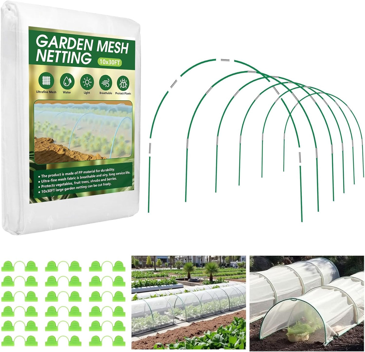 Garden Netting Kit for Raised Beds, 10x30FT Ultra Fine Mesh Netting& 6 Sets of 8FT Fiberglass Garden Hoops, Bird Barrier Protection Net Vegetable Plant Cover Fruit Flowers Row Cover