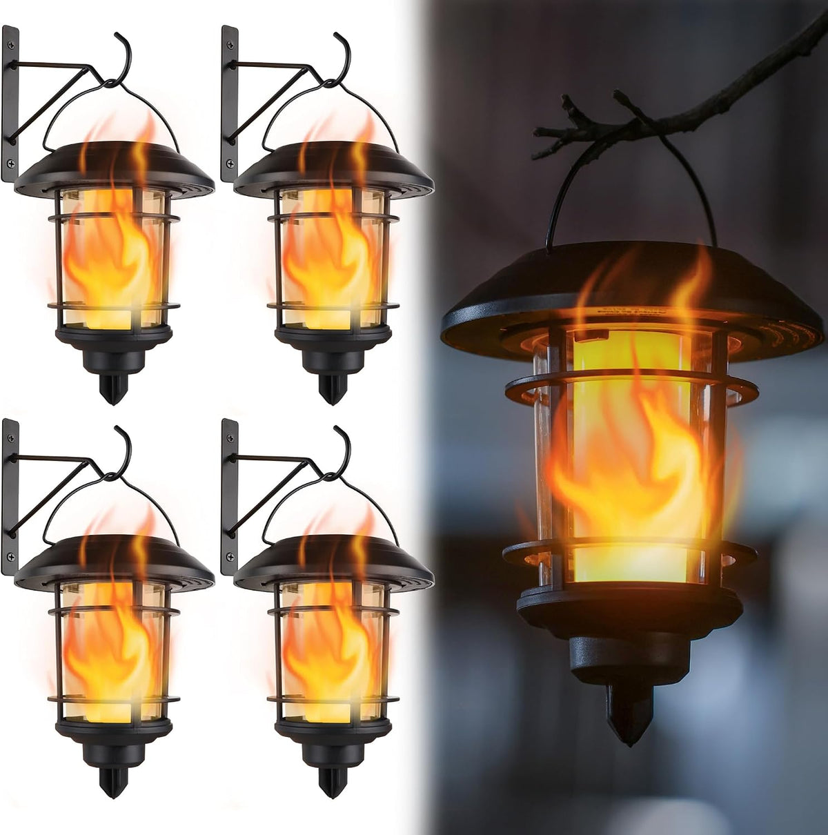 Solar Flickering-Flame Wall Lanterns – Four-Piece Outdoor Set