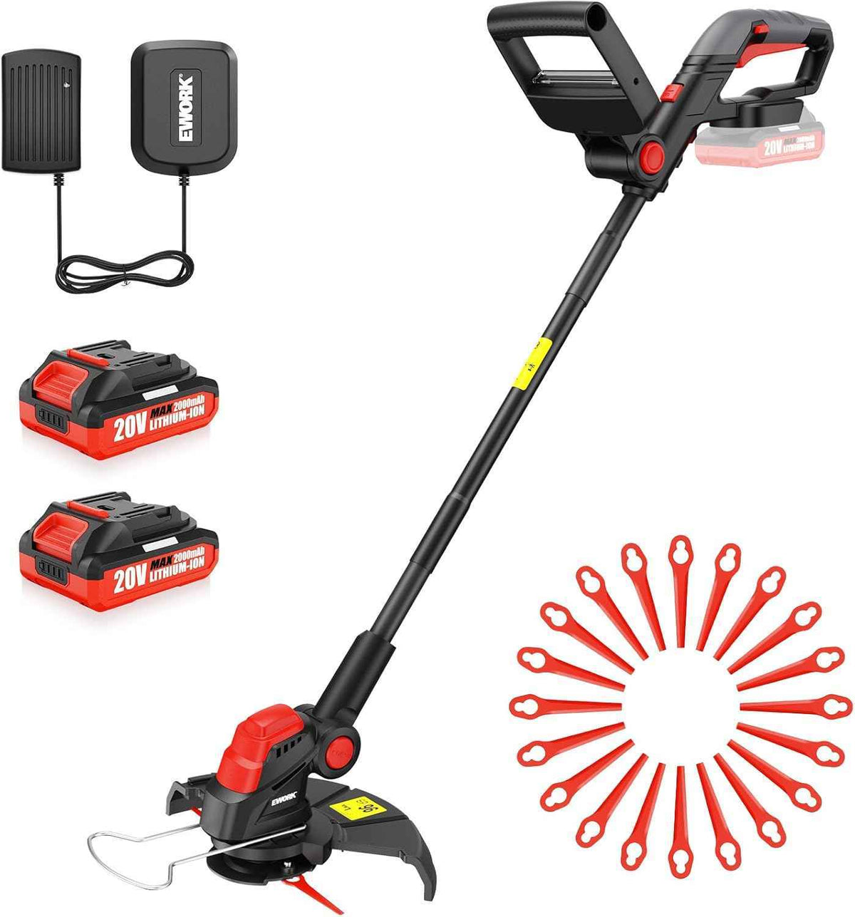 EWORK Weed Wacker Cordless 20V 10-Inch, Upgraded Cutter Blade, Weed Eater Battery Powered with 2×2.0Ah Batteries & Fast Charger, 2-in-1 Electric Grass Trimmer for Edger, Lawn, Garden