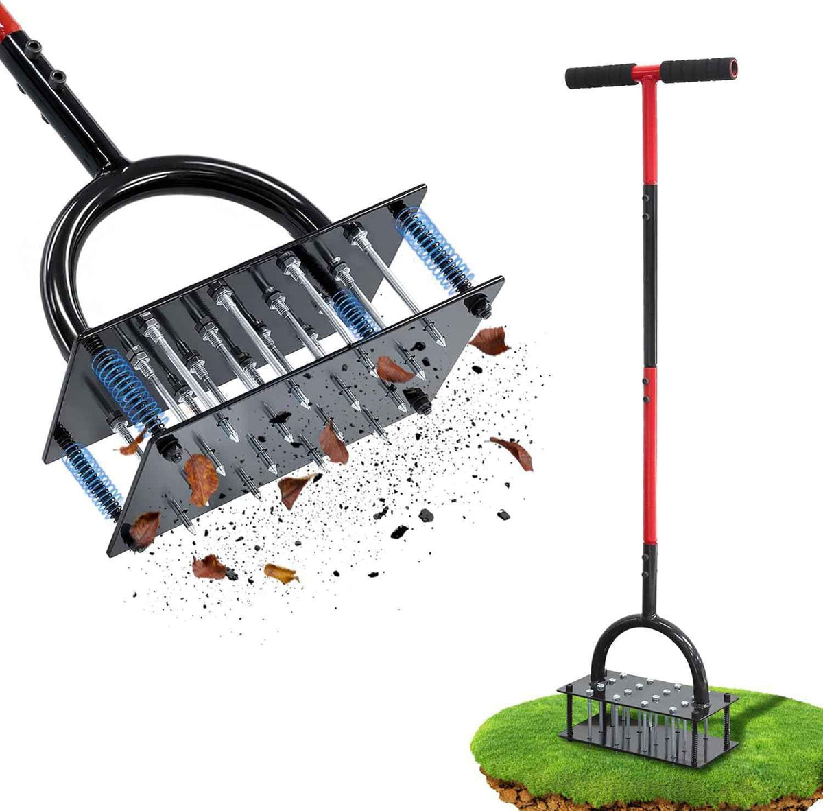 Lawn Aerator Tool, 16 Iron Spikes Manual Grass Aerator Lawn Tool with Spring-Loaded Design & Adjustable T-Handle, Automatic Leaf and Dirt Cleaning Yard Aerator for Loosening Soil Aerating Patio Garden