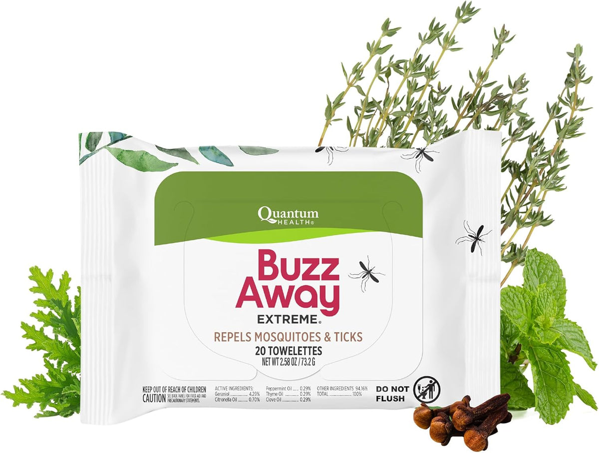 Quantum Health Buzz Away Extreme DEET Free Insect Repellent Wipes - Travel-Friendly Citronella Oil Mosquito & Tick Outdoor Bug Repellent Towelettes, Kids & Adults - 20 Individual Wipes
