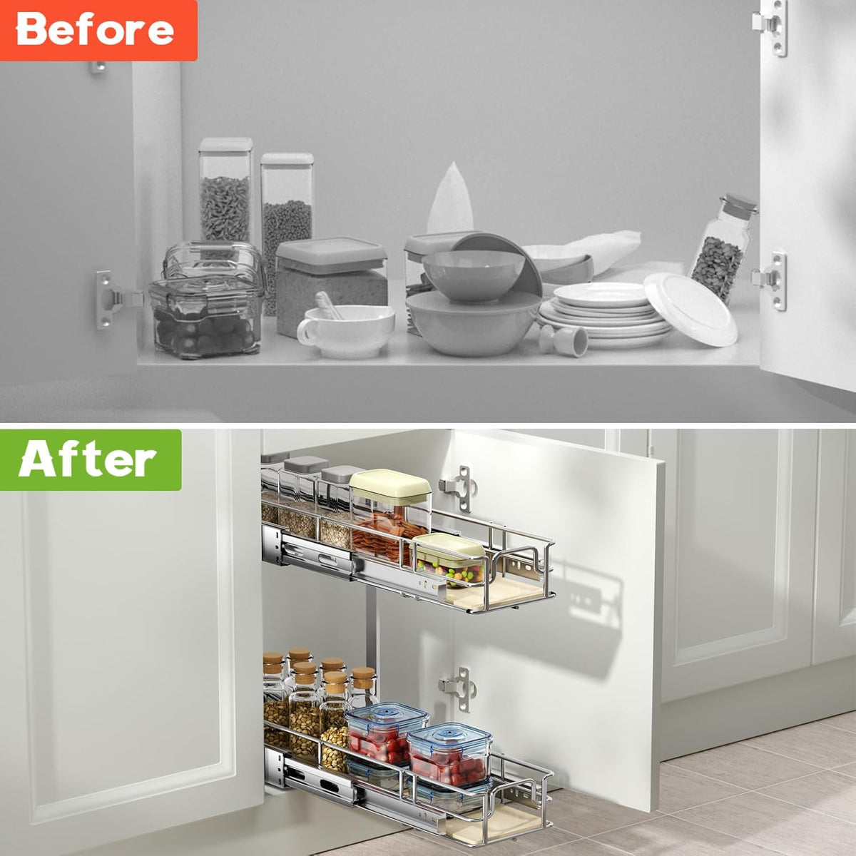 ROOMTEC 2 Tier Pull Out Cabinet Organizer, 7½"W x 21½"D