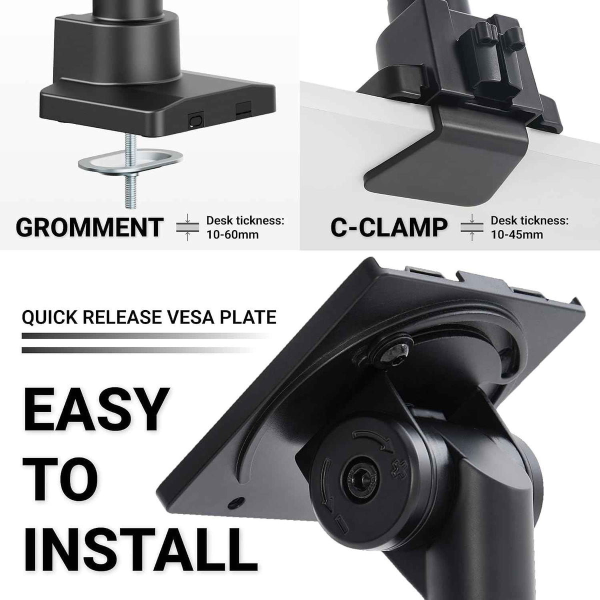 Hexcal Heavy Duty Monitor Arm for 57" Ultrawide Screens, Support up to 59.4 lbs, Full Motion Desk Mount with Quick Release VESA (75/100/200mm), C-Clamp & Grommet Base, Space-Saving Design