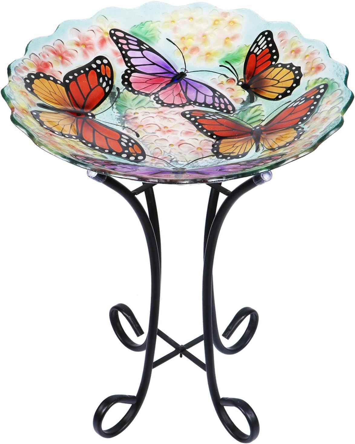 Glass Bird Bath Outdoor with Metal Stand for Lawn Yard Garden Decor Butterfly Bird Feeder