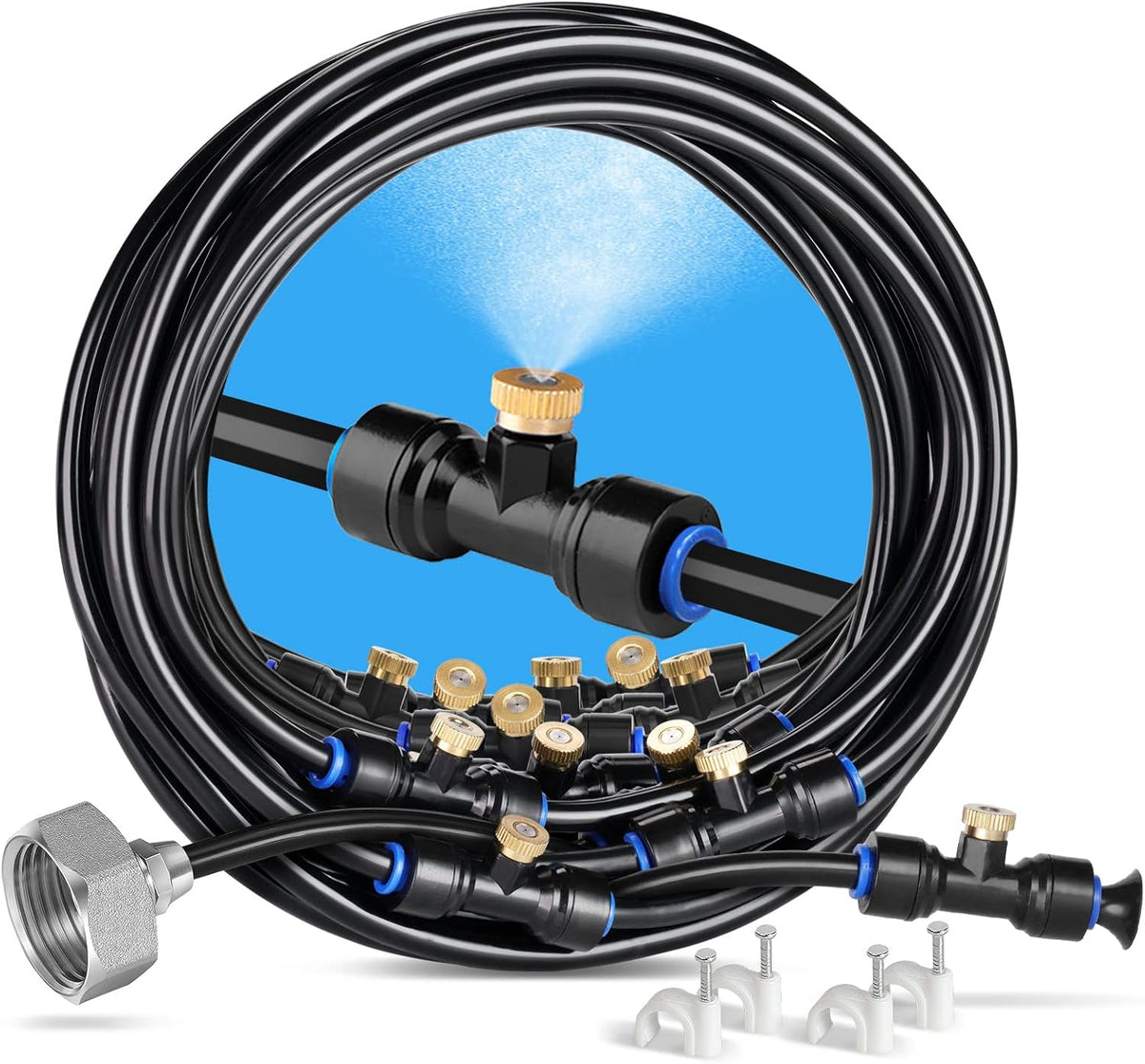 HOMENOTE Misting Cooling System 42FT (13M) Misting Line + 15 Brass Mist Nozzles + Brass Adapter(3/4") Outdoor Mister for Patio Backyard Garden Greenhouse Watering