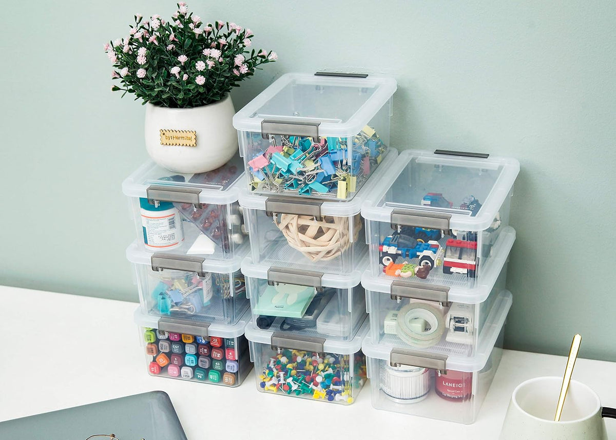 Citylife 6Packs 1.3Qt Small Storage Bins with Lids,Stackable Clear | Plastic Containers for Beads, Buttons, Sewing Supplies, Office Supplies and Small Toys - Field & Nook