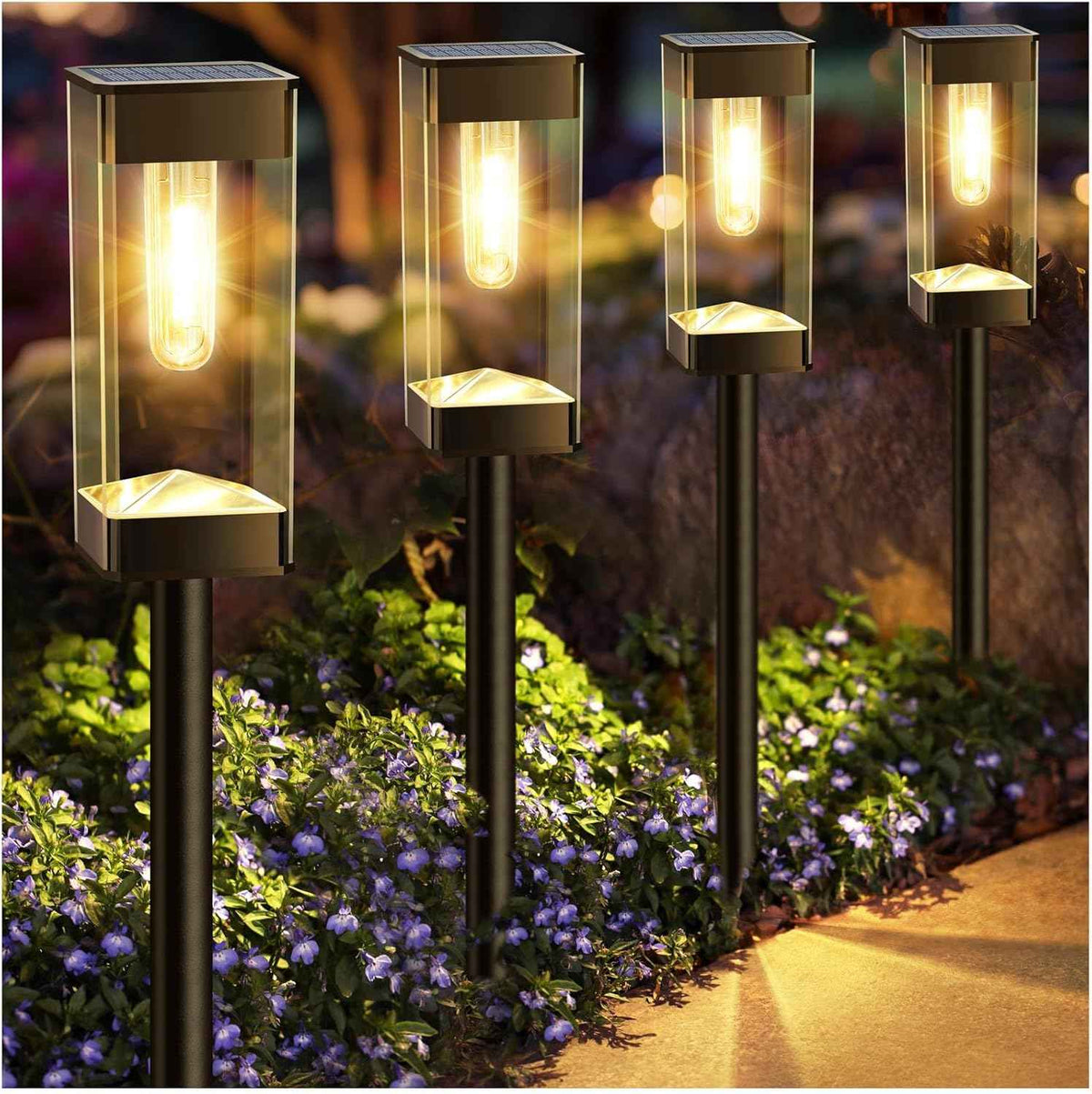 Solar Pathway Lights Outdoor Waterproof Solar Outdoor Lights with LED Tungsten Filament Bulb, Auto On/Off Garden Lighting for Outside Yard Landscape Driveway Lawn Path 4 Pack